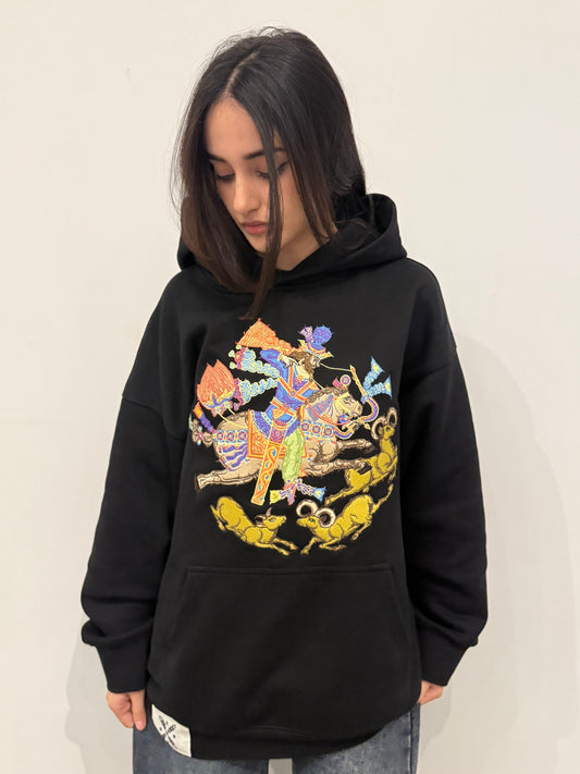 Black 480GSM heavyweight Sassanid embroidered hoodie by Xodafez front view