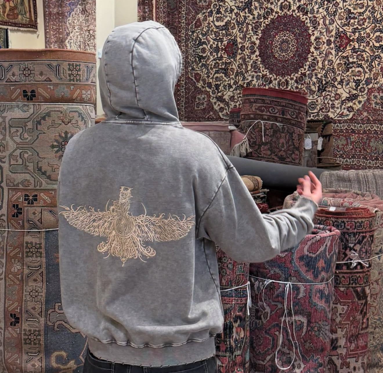 Grey Farvahar embroidered hoodie with gold detailing