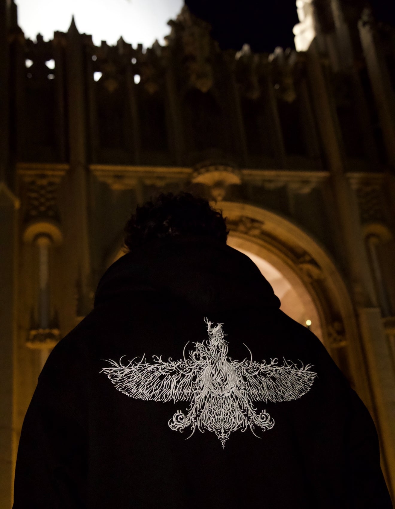 White Farvahar embroidery on luxury black zip up hoodie