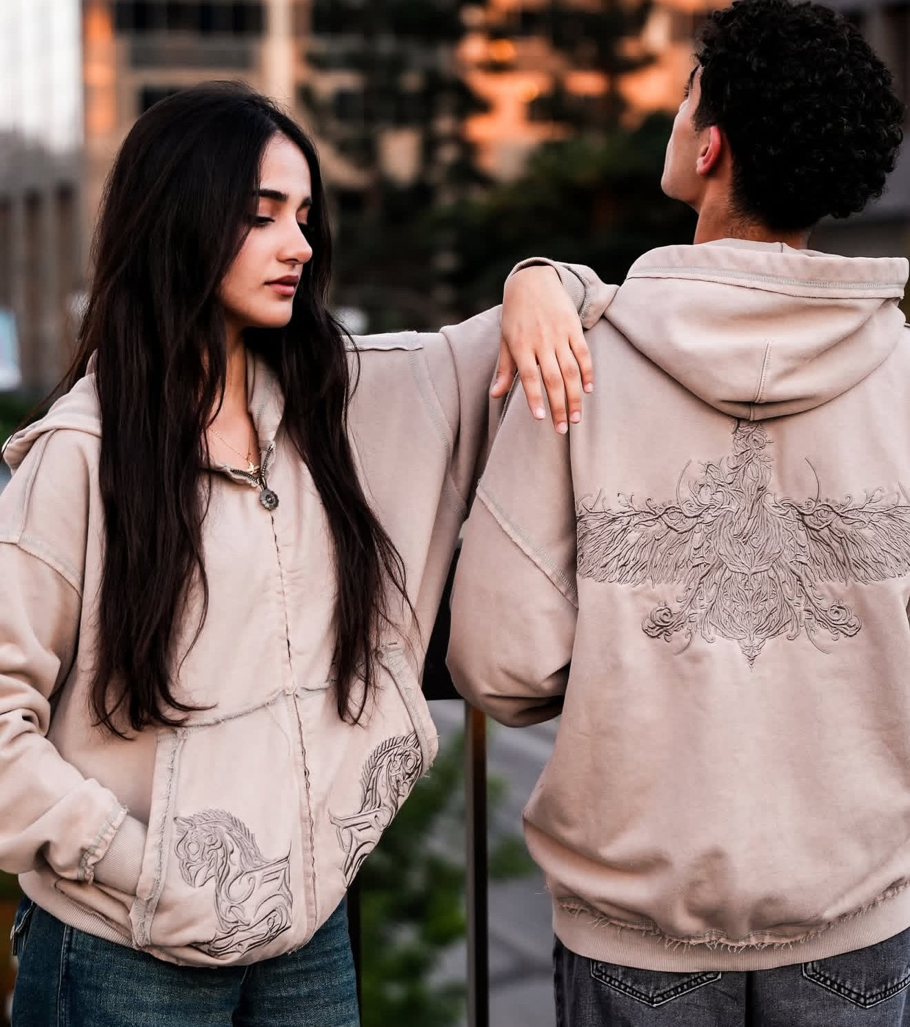 Beige Persepolis embroidered zip up hoodie with Farvahar on back