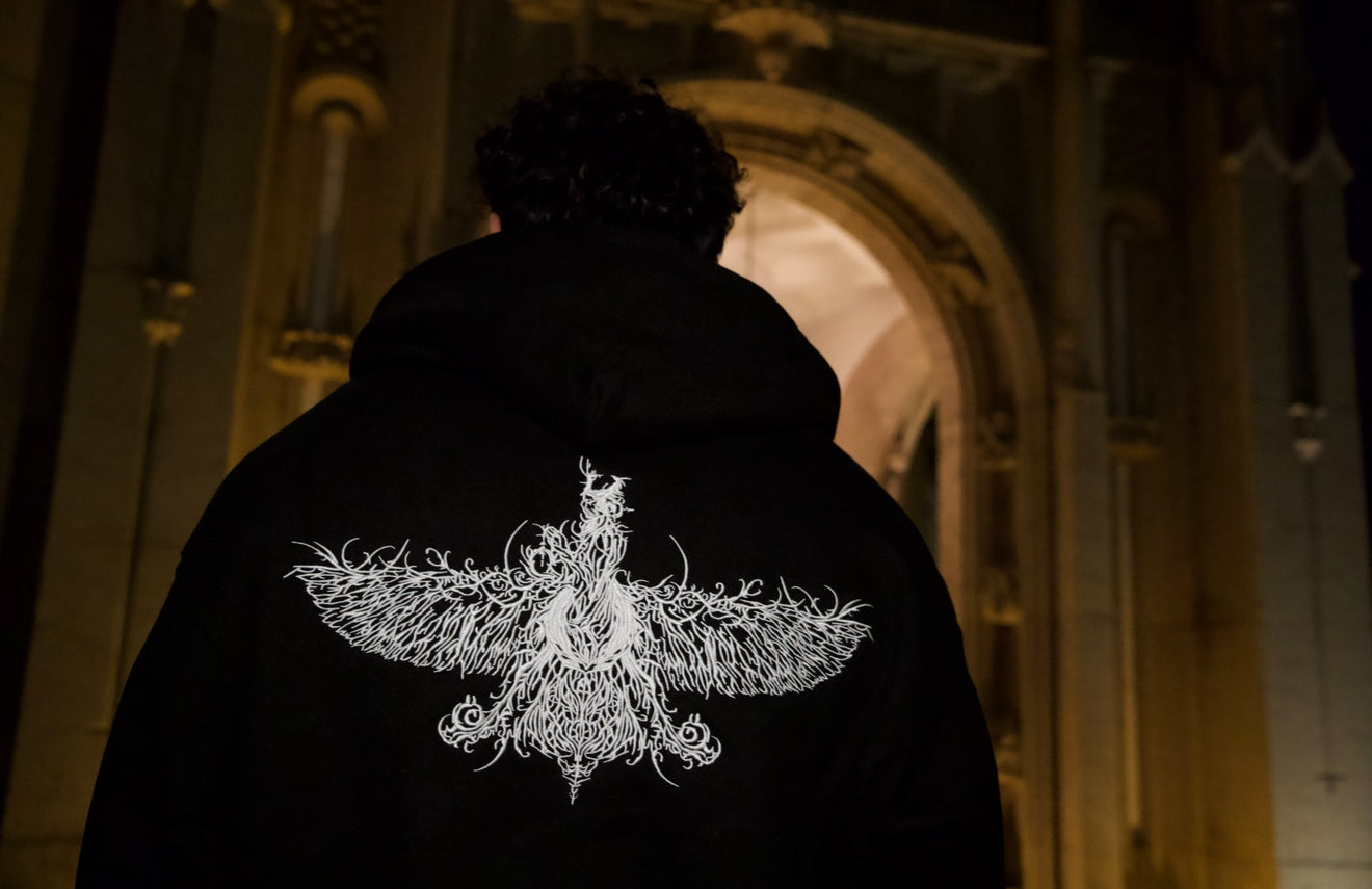 150,000 stitch Farvahar embroidery on luxury black zip up hoodie