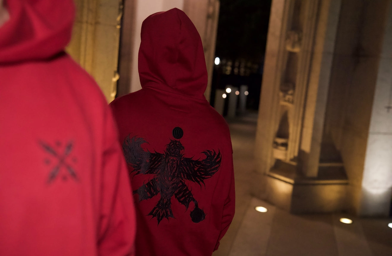 Persian red hoodie with embroidered  emblem on the back