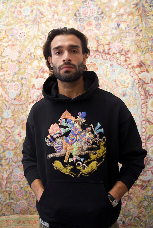 Black 480GSM heavyweight Sassanid embroidered hoodie by Xodafez front view