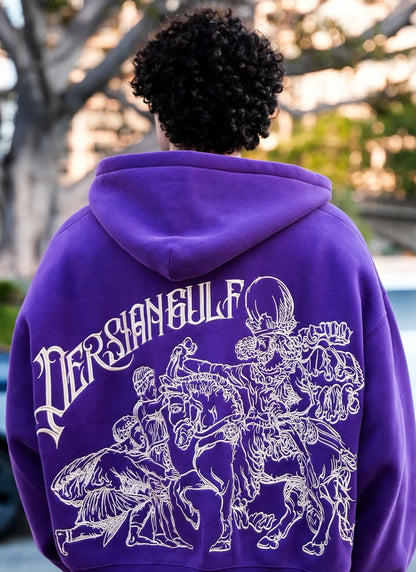 Purple Persian Gulf zip up hoodie with 250,000 stitch gold embroidery