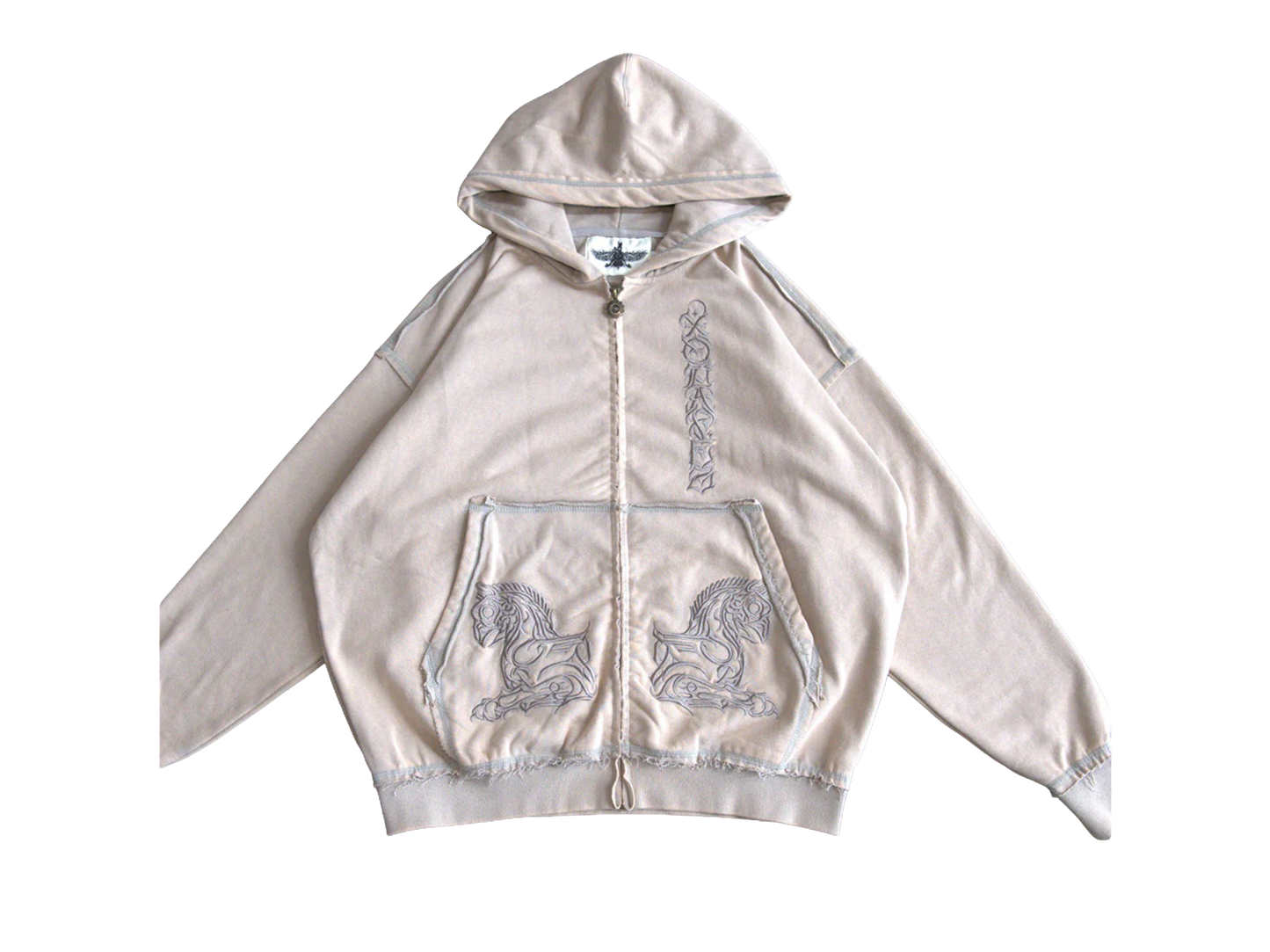 Achaemenid griffin embroidery detail on front pocket