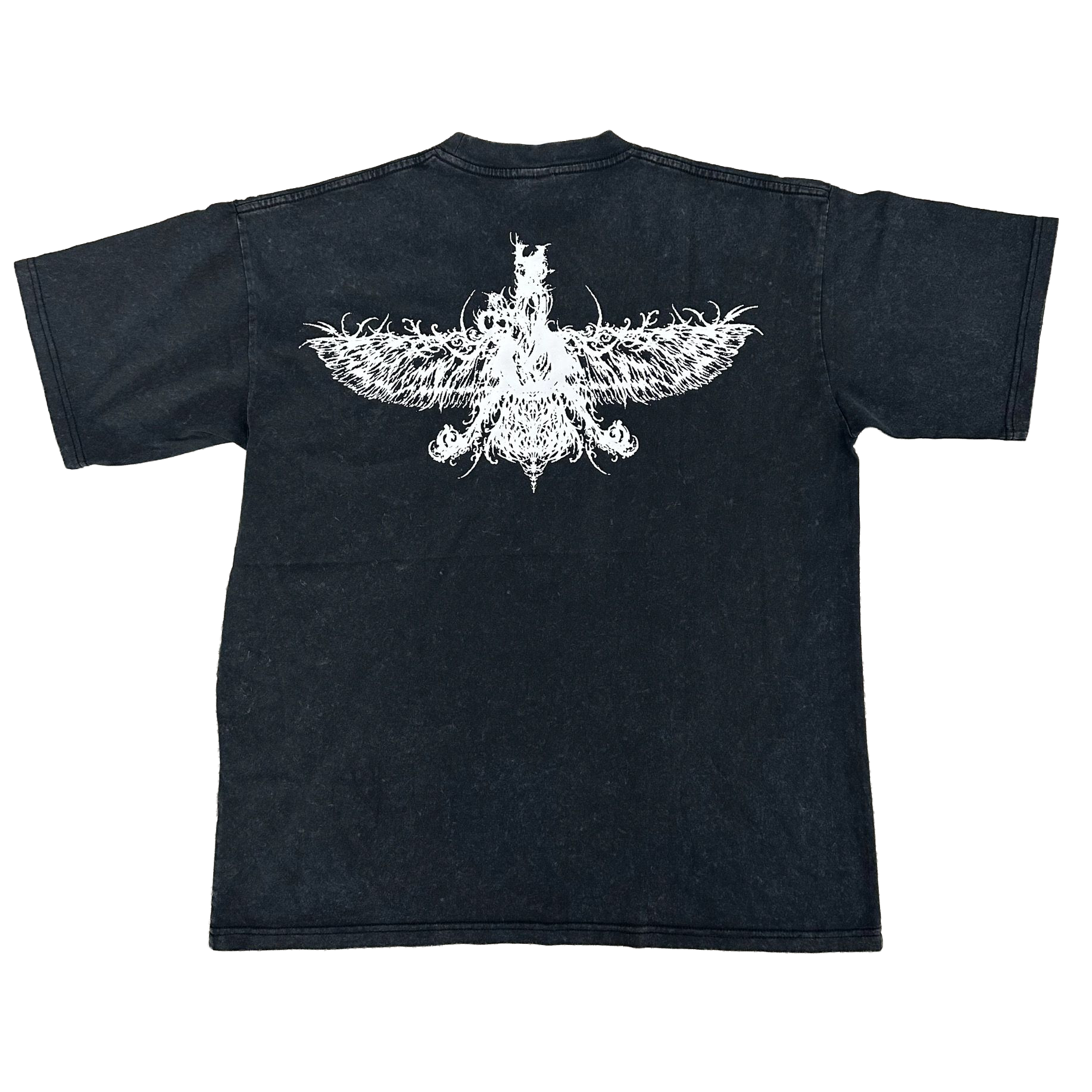 Heavyweight black acid wash T shirt with Farvahar graphic on back
